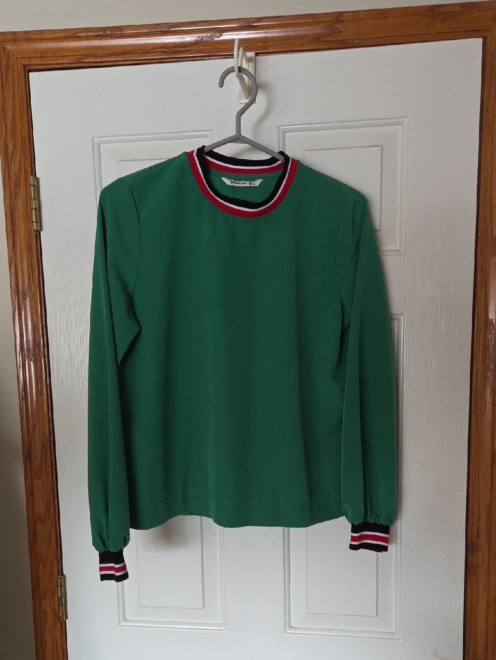 stradivarius Green Crewneck Top with Red, White & Black Trim